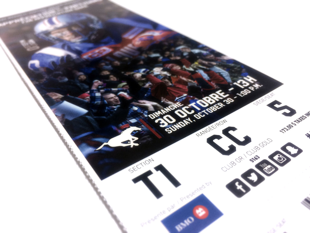 A printed event ticket carrying variable data: date, section, row, seat, price, and a barcode