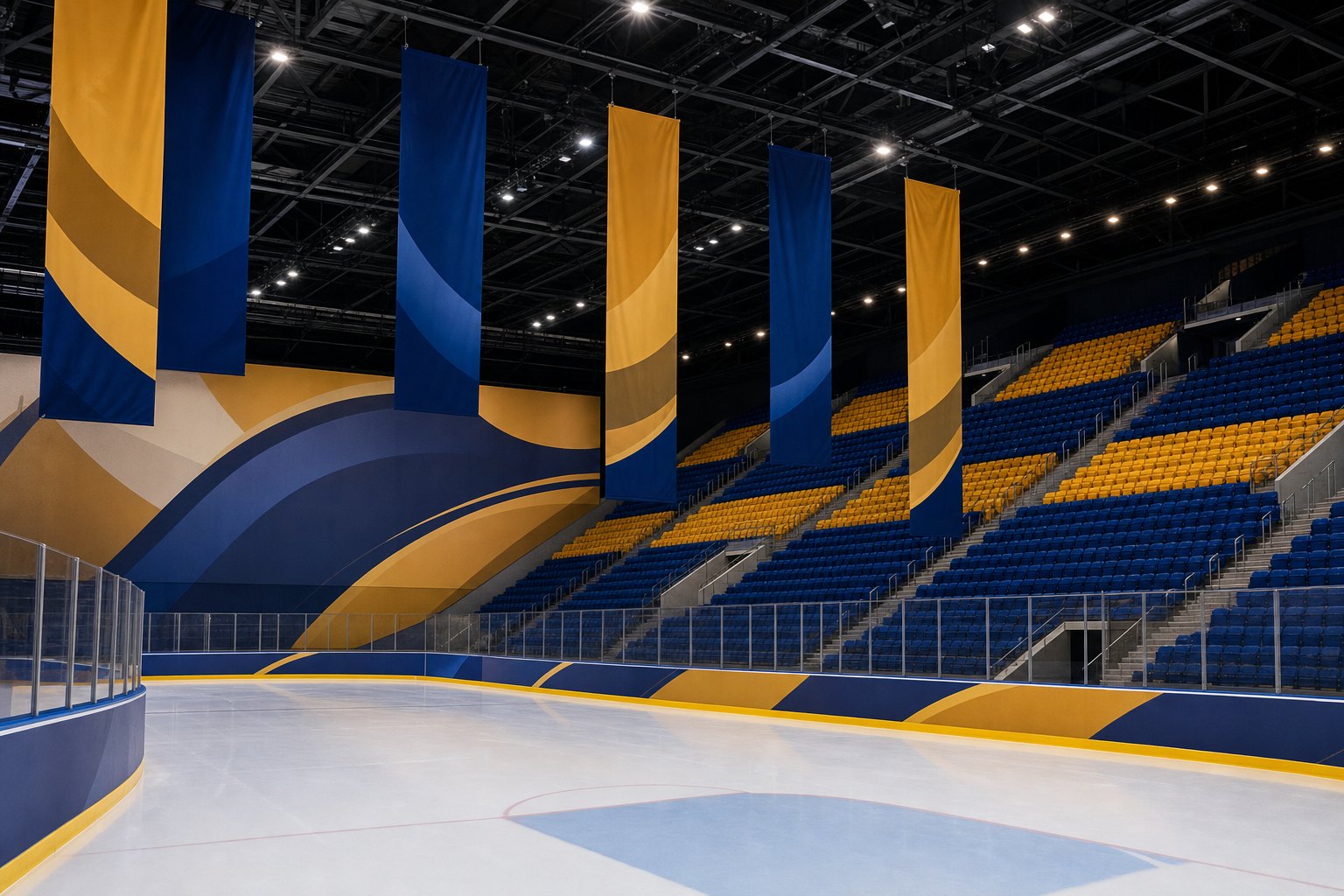 Interior of an arena dressed in printed graphics: tall banners hung from the rafters, printed dasher boards around the rink, and a full-height wall graphic behind the seating